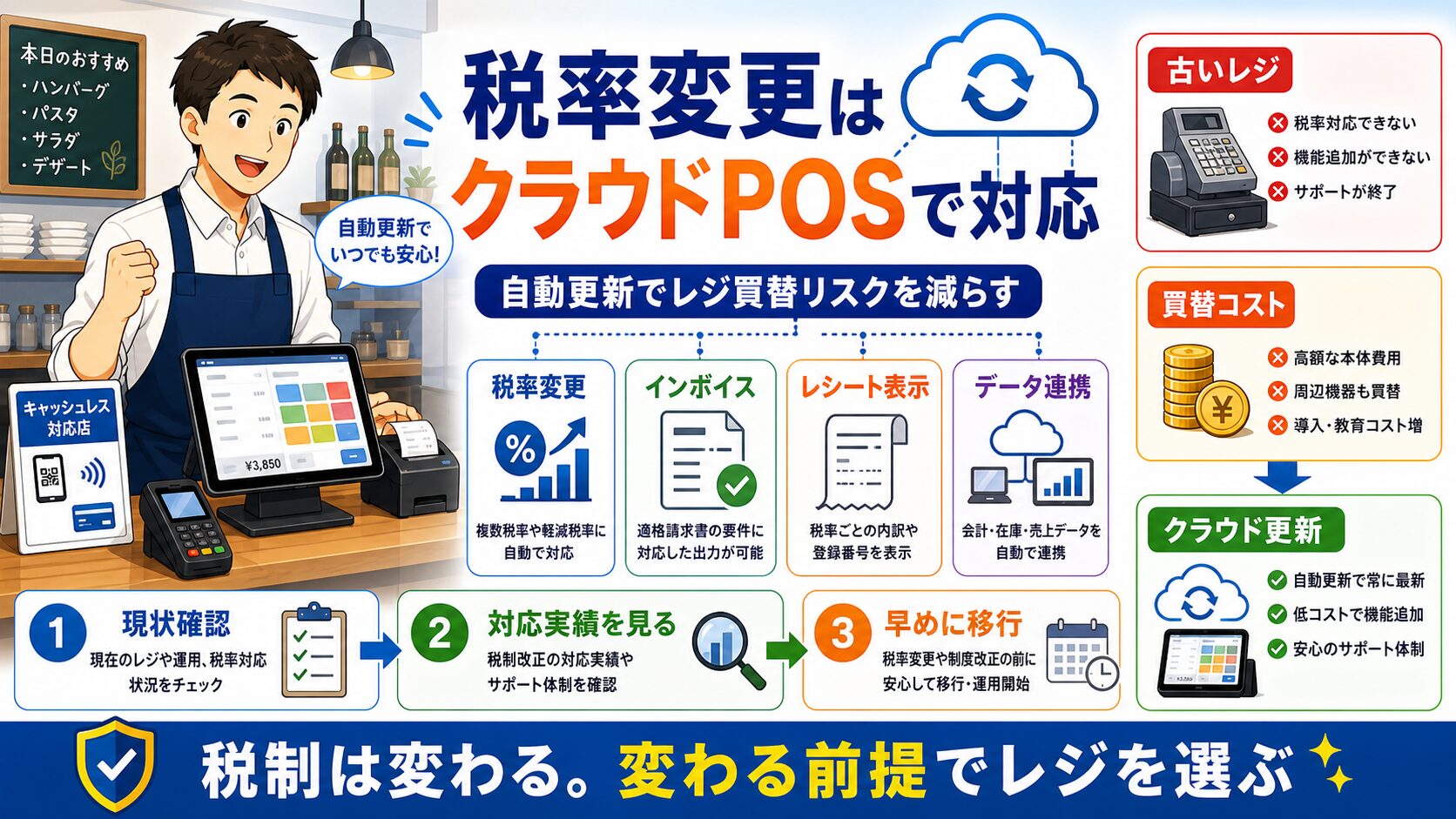 飲食店の消費税と軽減税率、POSレジでの税率区分管理を整理した図解