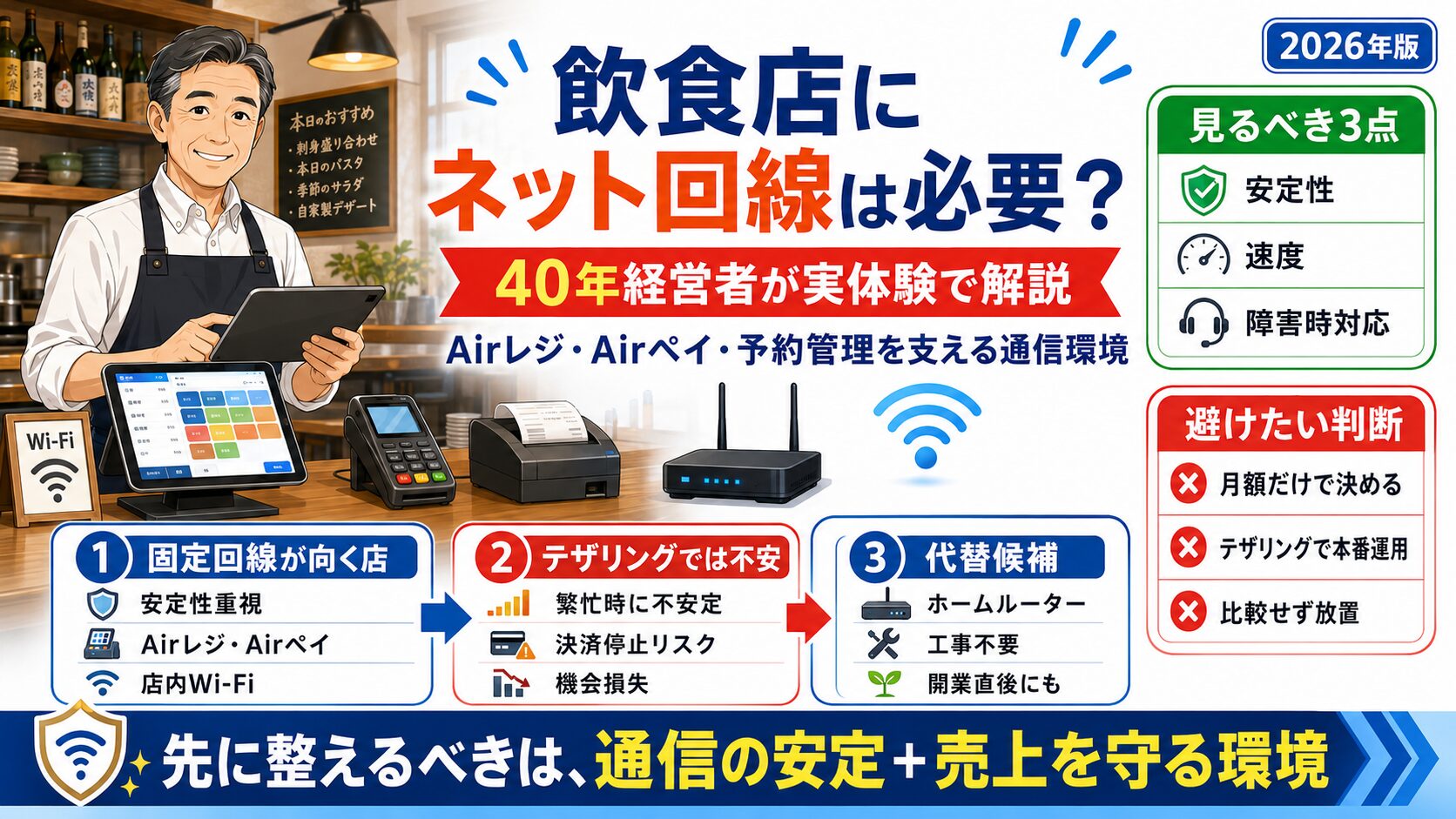「飲食店にネット回線は必要？Airレジ・Airペイの実体験」について、飲食店や小さな会社の経営者が課題と判断ポイントを確認できるように整理したイメージ画像。実務で見直すべき点と改善の方向性を分かりやすく表している。
