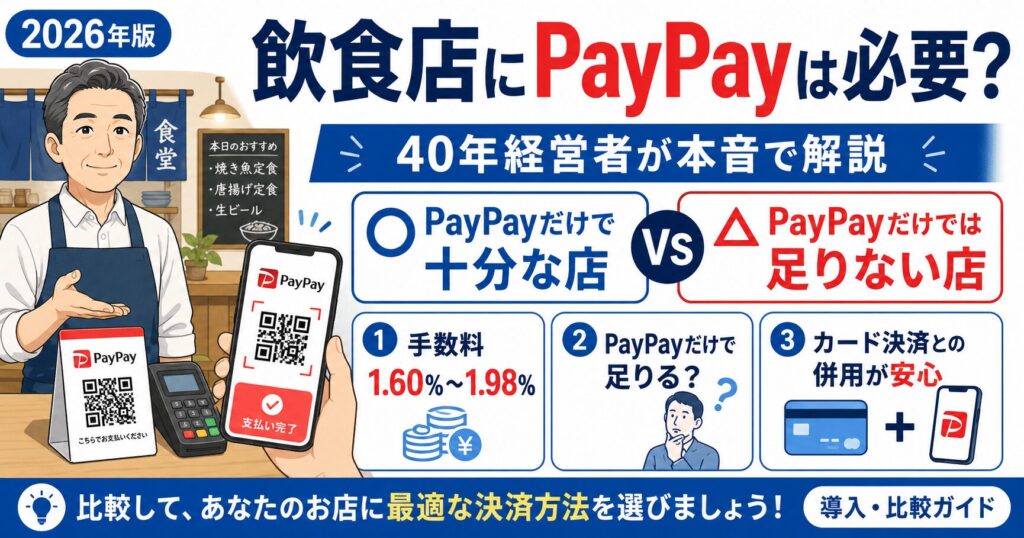「PayPayを飲食店に導入するメリット・デメリット」について、飲食店や小さな会社の経営者が課題と判断ポイントを確認できるように整理したイメージ画像。実務で見直すべき点と改善の方向性を分かりやすく表している。