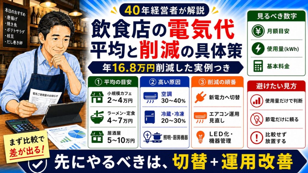 「飲食店の電気代の平均はいくら？飲食店業界30年以上の経営者が年16.8万円削減した具体策」について、飲食店や小さな会社の経営者が課題と判断ポイントを確認できるように整理したイメージ画像。実務で見直すべき点と改善の方向性を分かりやすく表している。