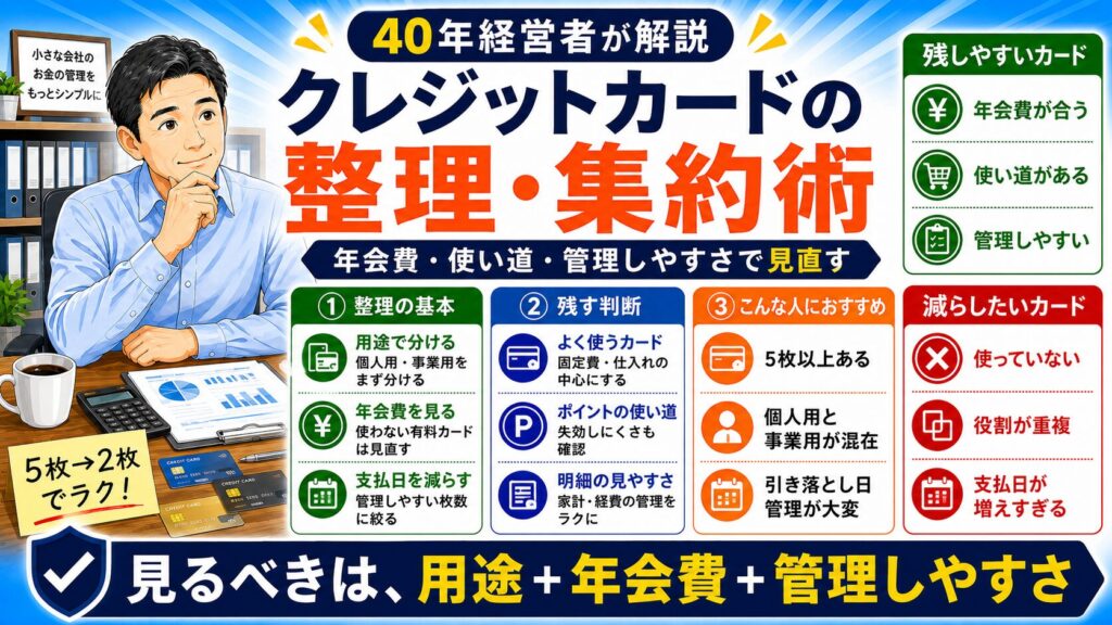 「複数のクレジットカードを整理する方法」について、飲食店や小さな会社の経営者が課題と判断ポイントを確認できるように整理したイメージ画像。実務で見直すべき点と改善の方向性を分かりやすく表している。