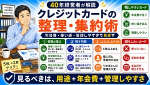 「複数のクレジットカードを整理する方法」について、飲食店や小さな会社の経営者が課題と判断ポイントを確認できるように整理したイメージ画像。実務で見直すべき点と改善の方向性を分かりやすく表している。