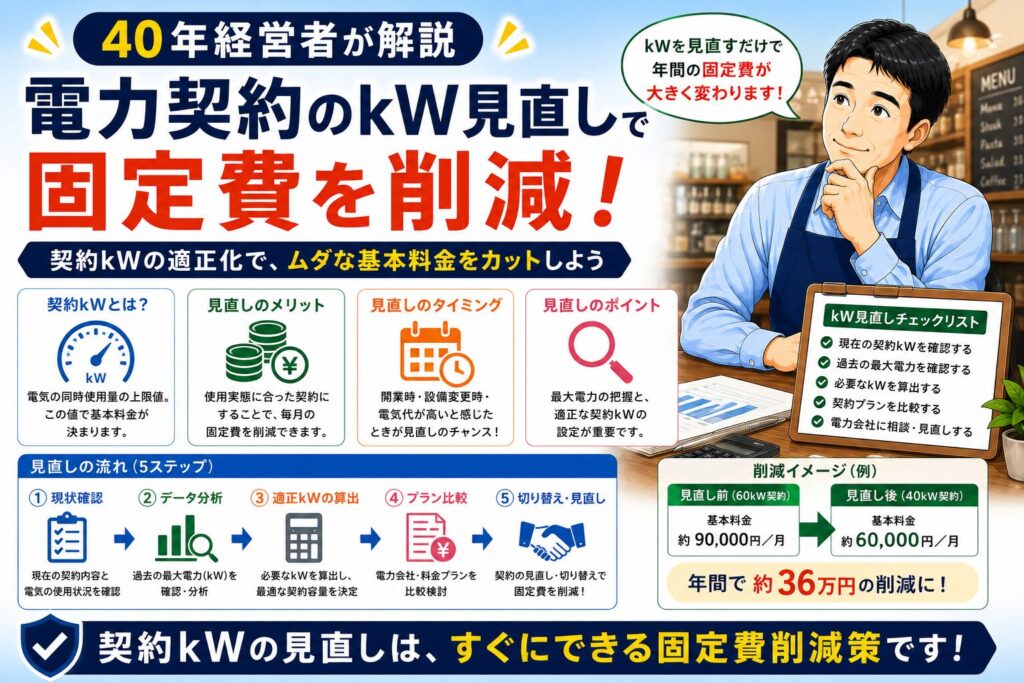 「電気の契約kW見直しで基本料金を半額に」について、飲食店や小さな会社の経営者が課題と判断ポイントを確認できるように整理したイメージ画像。実務で見直すべき点と改善の方向性を分かりやすく表している。