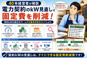 「電気の契約kW見直しで基本料金を半額に」について、飲食店や小さな会社の経営者が課題と判断ポイントを確認できるように整理したイメージ画像。実務で見直すべき点と改善の方向性を分かりやすく表している。