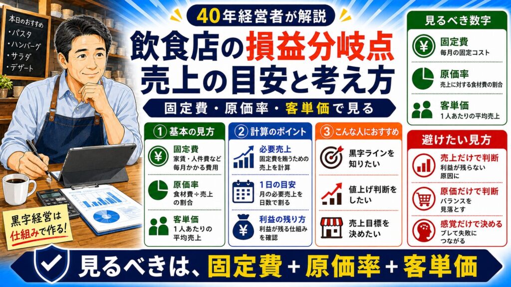 「飲食店の損益分岐点の出し方」について、飲食店や小さな会社の経営者が課題と判断ポイントを確認できるように整理したイメージ画像。実務で見直すべき点と改善の方向性を分かりやすく表している。
