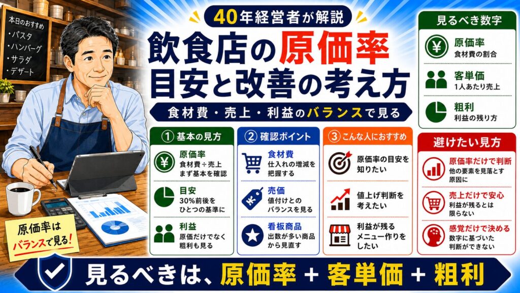 「飲食店の原価率はいくら？飲食店業界30年以上の経営者が32%→29%に下げた実践的な改善5ステップ」について、飲食店や小さな会社の経営者が課題と判断ポイントを確認できるように整理したイメージ画像。実務で見直すべき点と改善の方向性を分かりやすく表している。
