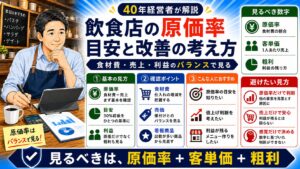 「飲食店の原価率はいくら？飲食店業界30年以上の経営者が32%→29%に下げた実践的な改善5ステップ」について、飲食店や小さな会社の経営者が課題と判断ポイントを確認できるように整理したイメージ画像。実務で見直すべき点と改善の方向性を分かりやすく表している。