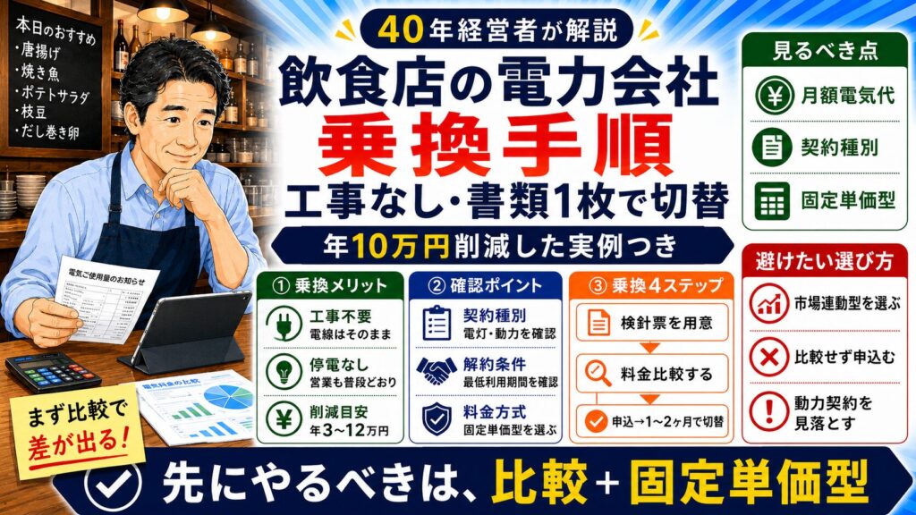 「飲食店の電力会社乗換手順」について、飲食店や小さな会社の経営者が課題と判断ポイントを確認できるように整理したイメージ画像。実務で見直すべき点と改善の方向性を分かりやすく表している。