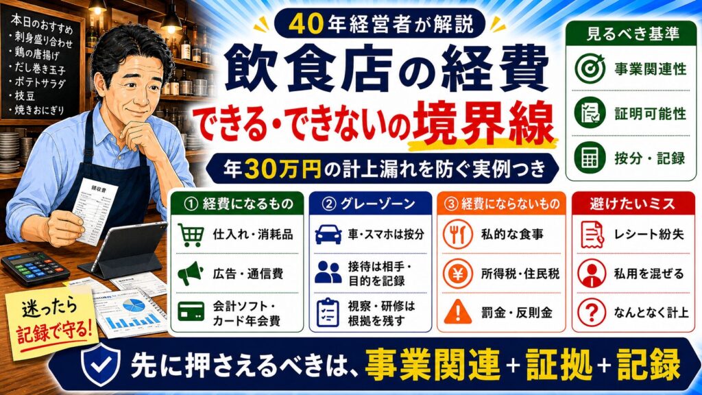 「飲食店の経費にできる・できないの境界線」について、飲食店や小さな会社の経営者が課題と判断ポイントを確認できるように整理したイメージ画像。実務で見直すべき点と改善の方向性を分かりやすく表している。