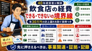 「飲食店の経費にできる・できないの境界線」について、飲食店や小さな会社の経営者が課題と判断ポイントを確認できるように整理したイメージ画像。実務で見直すべき点と改善の方向性を分かりやすく表している。