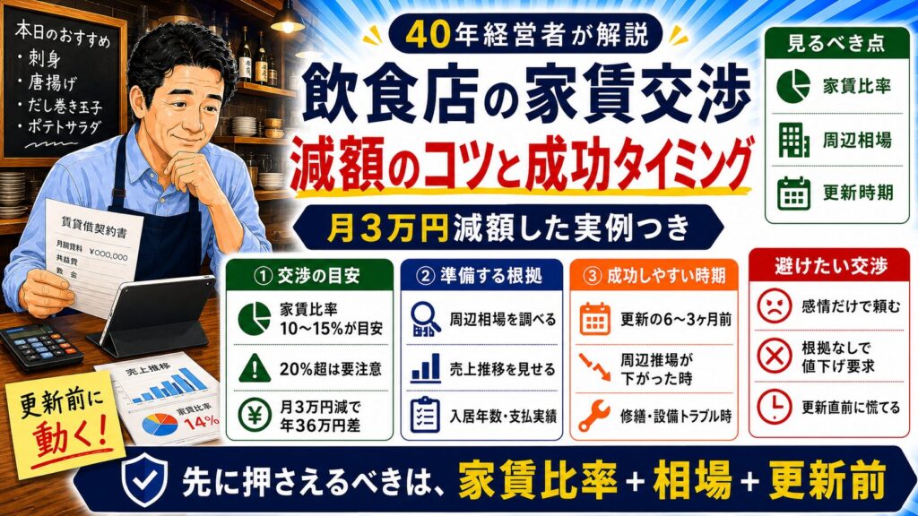 「飲食店の家賃交渉」について、飲食店や小さな会社の経営者が課題と判断ポイントを確認できるように整理したイメージ画像。実務で見直すべき点と改善の方向性を分かりやすく表している。