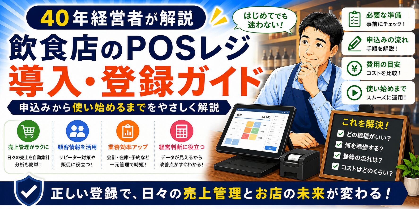 「飲食店のPOSレジおすすめ4選」について、飲食店や小さな会社の経営者が課題と判断ポイントを確認できるように整理したイメージ画像。実務で見直すべき点と改善の方向性を分かりやすく表している。