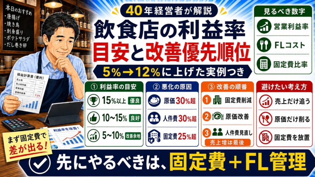 「飲食店の利益率はどれくらい？飲食店業界30年以上の経営者が5%→12%に上げた実例と改善優先順位」について、飲食店や小さな会社の経営者が課題と判断ポイントを確認できるように整理したイメージ画像。実務で見直すべき点と改善の方向性を分かりやすく表している。