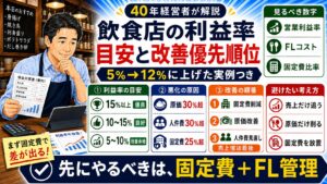 「飲食店の利益率はどれくらい？飲食店業界30年以上の経営者が5%→12%に上げた実例と改善優先順位」について、飲食店や小さな会社の経営者が課題と判断ポイントを確認できるように整理したイメージ画像。実務で見直すべき点と改善の方向性を分かりやすく表している。