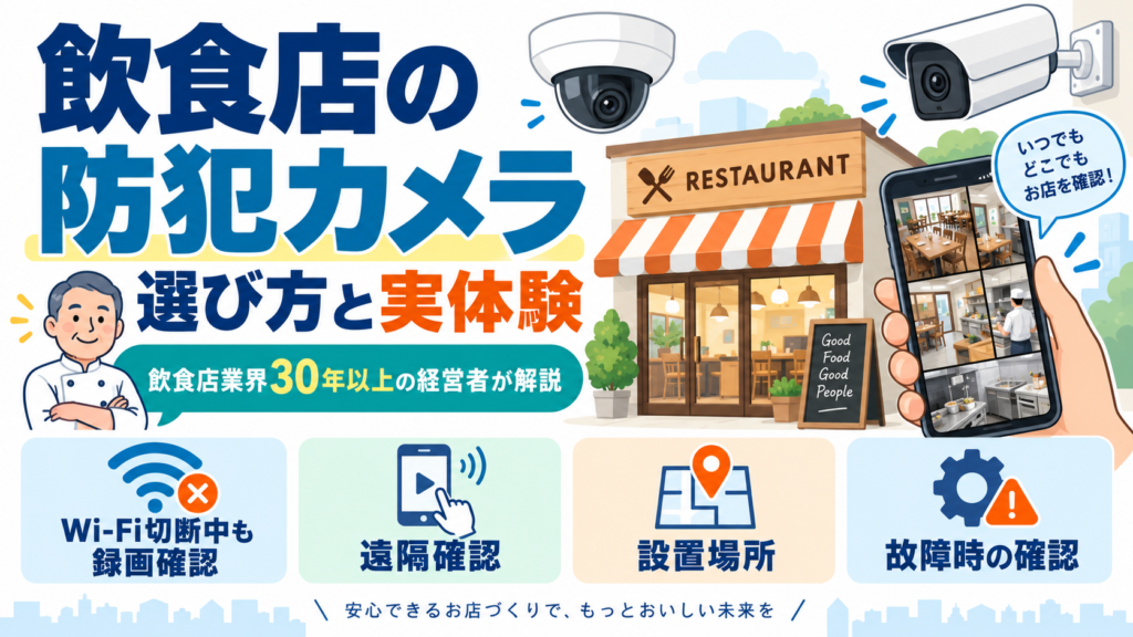 飲食店の防犯カメラの選び方と実体験を、Wi-Fi切断中の録画、遠隔確認、設置場所、故障時の確認ポイントで整理したアイキャッチ画像