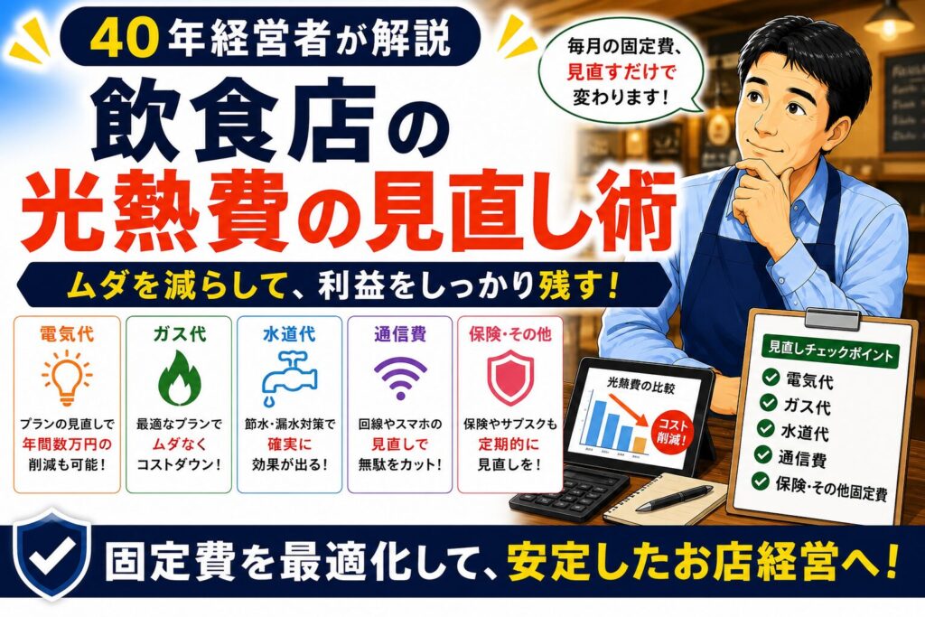 「飲食店の光熱費削減」について、飲食店や小さな会社の経営者が課題と判断ポイントを確認できるように整理したイメージ画像。実務で見直すべき点と改善の方向性を分かりやすく表している。