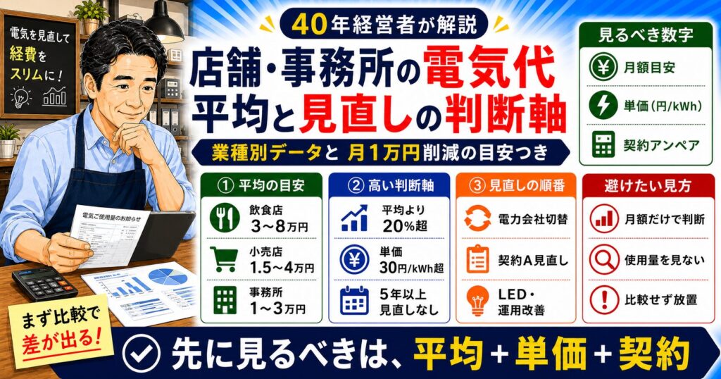 「店舗・事務所の電気代の平均は？」について、飲食店や小さな会社の経営者が課題と判断ポイントを確認できるように整理したイメージ画像。実務で見直すべき点と改善の方向性を分かりやすく表している。