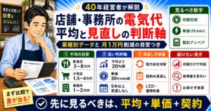 「店舗・事務所の電気代の平均は？」について、飲食店や小さな会社の経営者が課題と判断ポイントを確認できるように整理したイメージ画像。実務で見直すべき点と改善の方向性を分かりやすく表している。