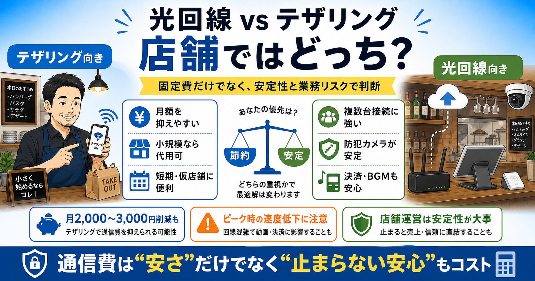飲食店で光回線とテザリングを使い分ける判断ポイントの図解