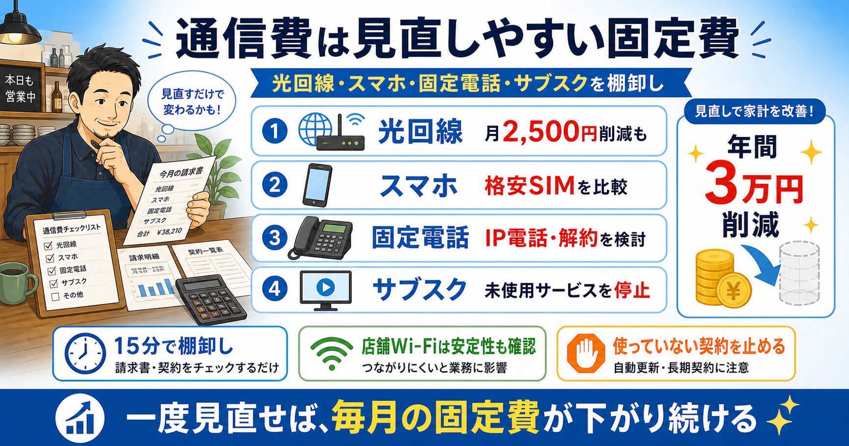 小規模事業者の通信費削減で見直す4つの固定費