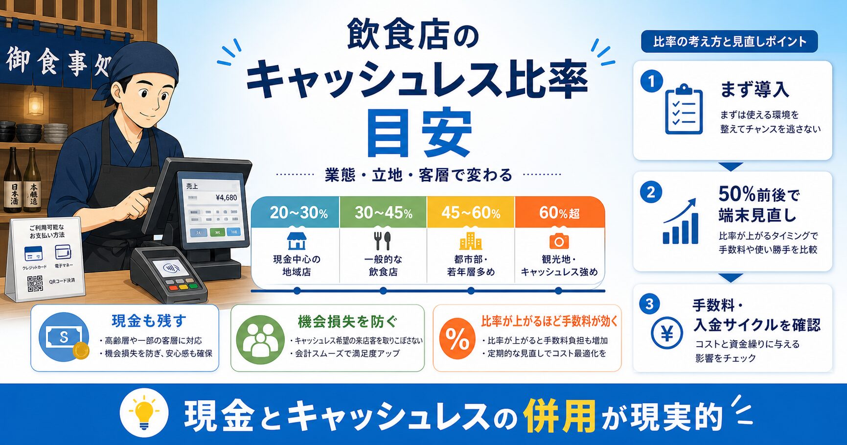 飲食店のキャッシュレス比率の目安と端末見直しタイミングの図解