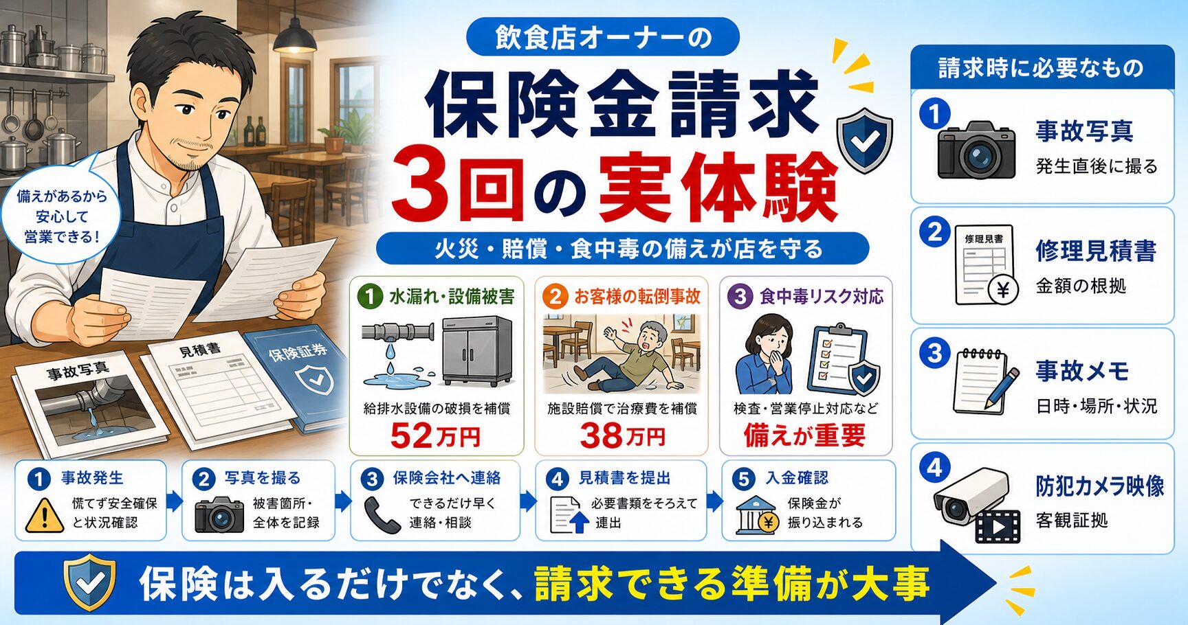 飲食店の保険金請求で事故写真・修理見積書・事故メモ・防犯カメラ映像を準備する流れをまとめた図