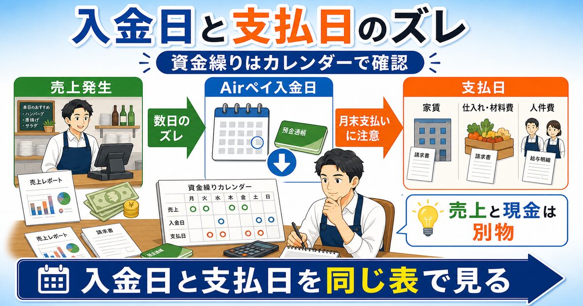 Airペイの入金日と家賃・仕入れ・人件費などの支払日のズレを資金繰りカレンダーで確認するイラスト