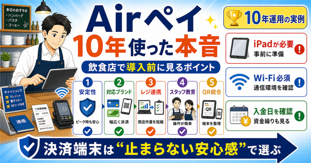 「キャッシュレス決済・導入・見直し」について、飲食店や小さな会社の経営者が課題と判断ポイントを確認できるように整理したアイキャッチ画像。実務で見直すべき点と改善の方向性を分かりやすく表している。
