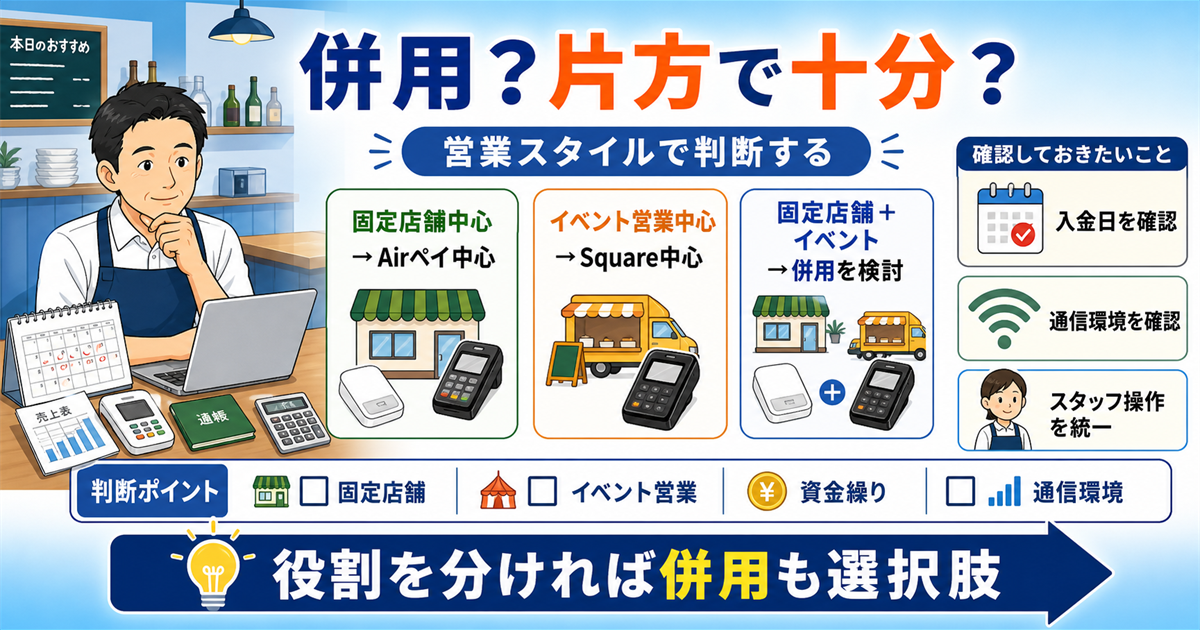 AirペイとSquareを併用するべき飲食店と片方で十分な飲食店を比較するイメージ図