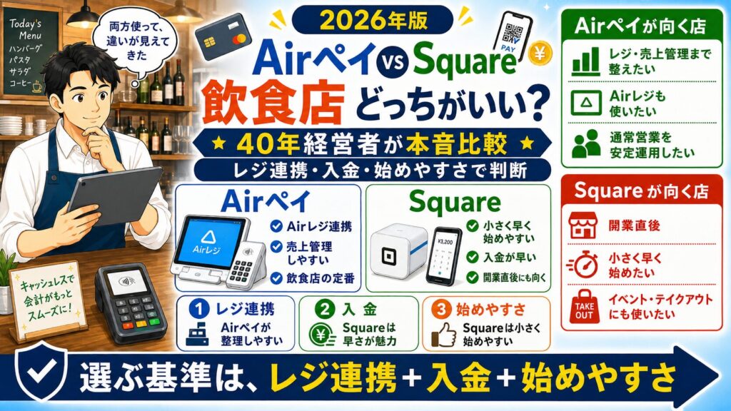 「キャッシュレス決済・決済端末」について、飲食店や小さな会社の経営者が課題と判断ポイントを確認できるように整理したイメージ画像（別構成2）。実務で見直すべき点と改善の方向性を分かりやすく表している。