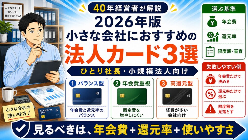 「おすすめ・法人・カード・小規模・事業」について、飲食店や小さな会社の経営者が課題と判断ポイントを確認できるように整理したイメージ画像。実務で見直すべき点と改善の方向性を分かりやすく表している。