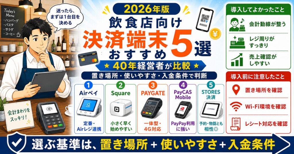 「キャッシュレス・決済端末・おすすめ」について、飲食店や小さな会社の経営者が課題と判断ポイントを確認できるように整理したイメージ画像。実務で見直すべき点と改善の方向性を分かりやすく表している。