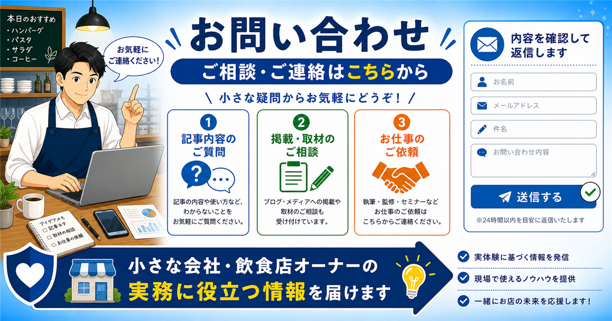 「お問い合わせ」について、飲食店や小さな会社の経営者が課題と判断ポイントを確認できるように整理したアイキャッチ画像。実務で見直すべき点と改善の方向性を分かりやすく表している。