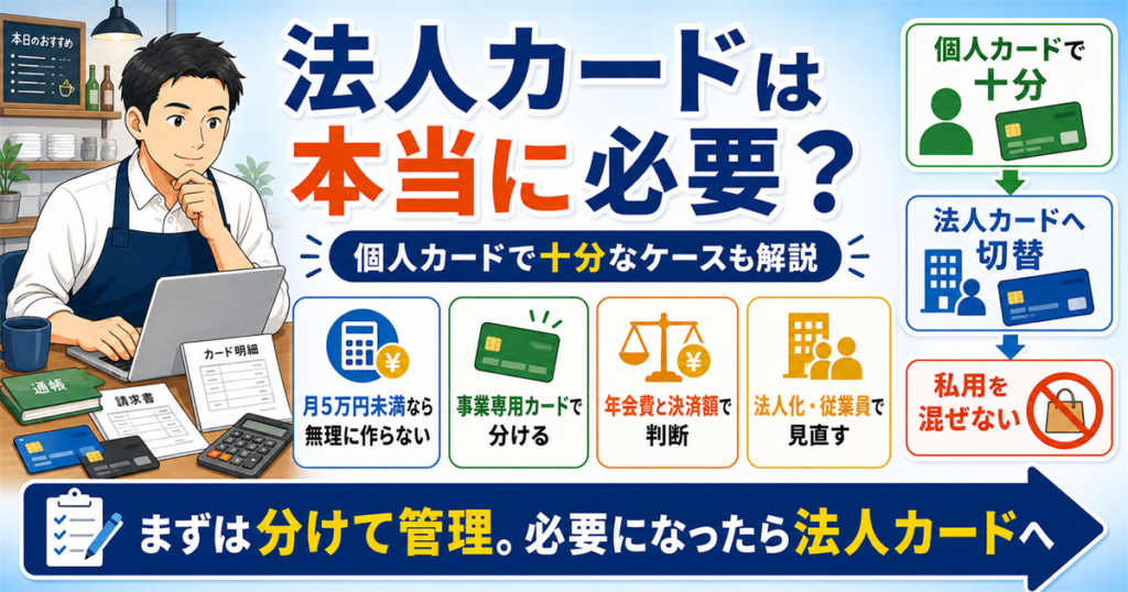 「法人・カード・不要・必要性」について、飲食店や小さな会社の経営者が課題と判断ポイントを確認できるように整理したアイキャッチ画像。実務で見直すべき点と改善の方向性を分かりやすく表している。
