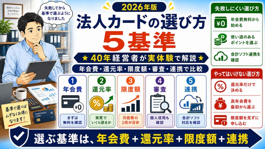 「法人・カード・選び方」について、飲食店や小さな会社の経営者が課題と判断ポイントを確認できるように整理したイメージ画像。実務で見直すべき点と改善の方向性を分かりやすく表している。