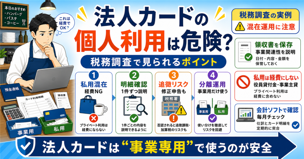 「法人・カード・私的利用」について、飲食店や小さな会社の経営者が課題と判断ポイントを確認できるように整理したアイキャッチ画像。実務で見直すべき点と改善の方向性を分かりやすく表している。