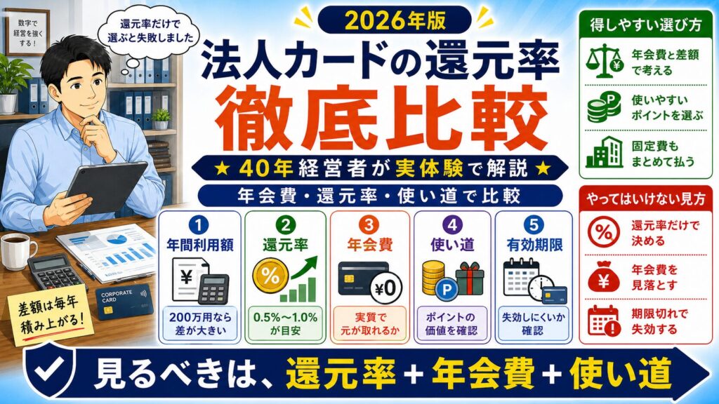 「法人・カード・還元率・比率」について、飲食店や小さな会社の経営者が課題と判断ポイントを確認できるように整理したイメージ画像。実務で見直すべき点と改善の方向性を分かりやすく表している。