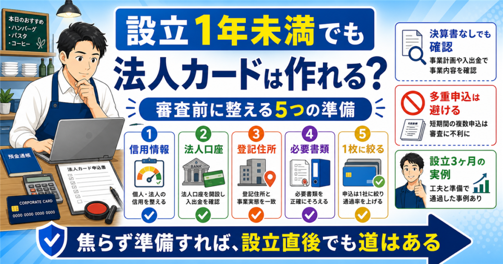 「法人・カード・開業直後」について、飲食店や小さな会社の経営者が課題と判断ポイントを確認できるように整理したアイキャッチ画像。実務で見直すべき点と改善の方向性を分かりやすく表している。