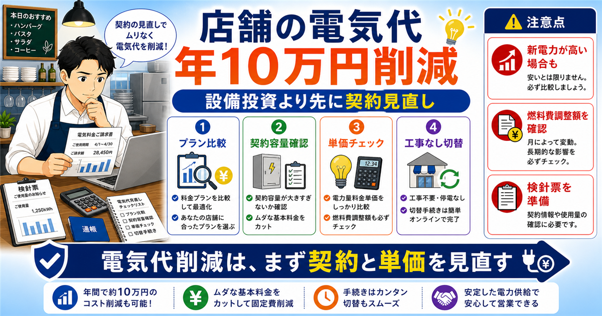 「固定費・費用・電気代」について、飲食店や小さな会社の経営者が課題と判断ポイントを確認できるように整理したアイキャッチ画像。実務で見直すべき点と改善の方向性を分かりやすく表している。