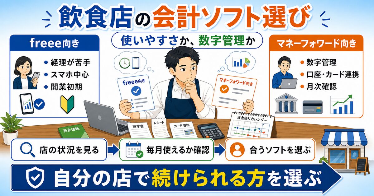 freee向きとマネーフォワード向きの違いを、飲食店の経理目線で比較するイラスト
