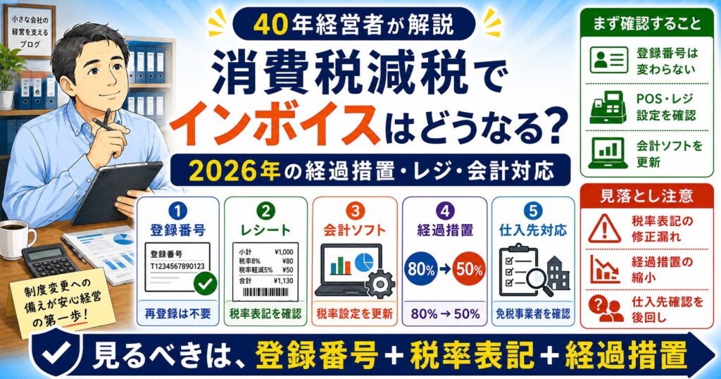 「インボイス・税金・節税」について、飲食店や小さな会社の経営者が課題と判断ポイントを確認できるように整理したイメージ画像。実務で見直すべき点と改善の方向性を分かりやすく表している。