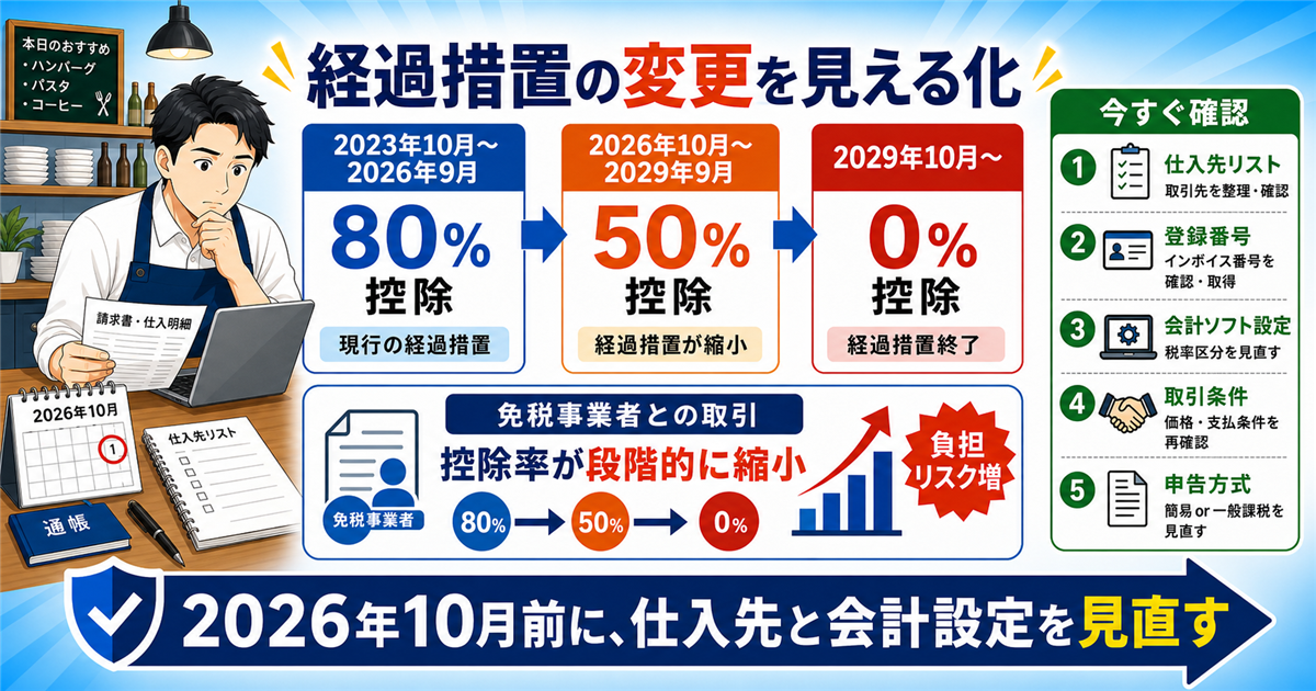 2026年10月からインボイス経過措置が80%から50%へ縮小し、2029年10月に0%となる流れと、仕入先リスト・登録番号・会計ソフト設定・取引条件・申告方式を確認する手順をまとめた図解