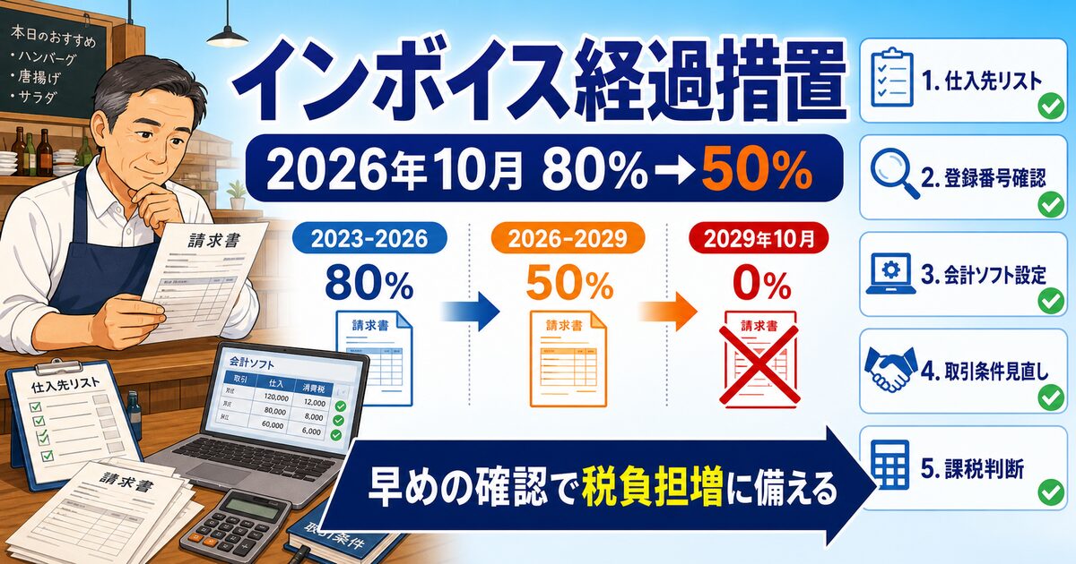 2026年10月からインボイス経過措置が80%から50%へ縮小し、2029年10月に0%となる流れと、仕入先リスト・登録番号・会計ソフト設定・取引条件・申告方式を確認する手順をまとめた図解