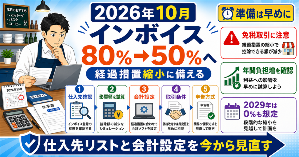 「インボイス・制度移行」について、飲食店や小さな会社の経営者が課題と判断ポイントを確認できるように整理したアイキャッチ画像。実務で見直すべき点と改善の方向性を分かりやすく表している。