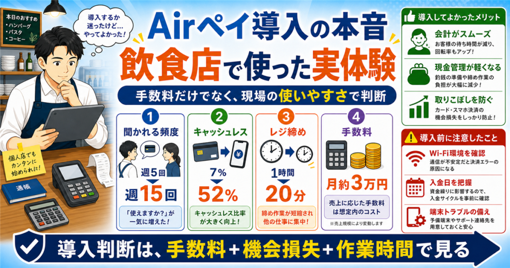 「飲食店・キャッシュレス決済・体験」について、飲食店や小さな会社の経営者が課題と判断ポイントを確認できるように整理したアイキャッチ画像。実務で見直すべき点と改善の方向性を分かりやすく表している。