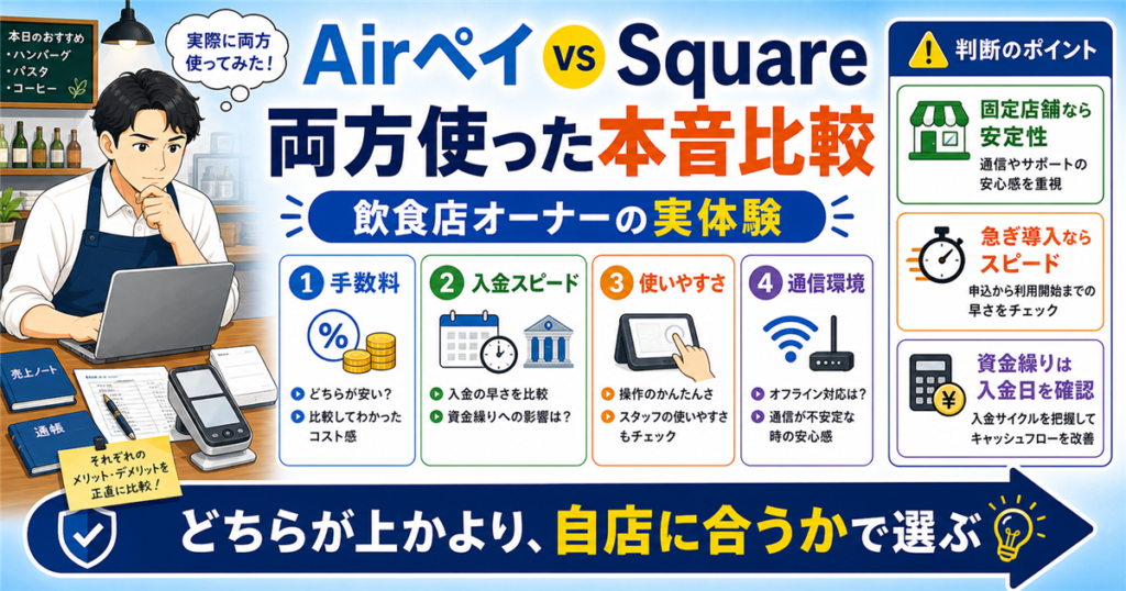 「飲食店・キャッシュレス決済・決済端末」について、飲食店や小さな会社の経営者が課題と判断ポイントを確認できるように整理したアイキャッチ画像。実務で見直すべき点と改善の方向性を分かりやすく表している。