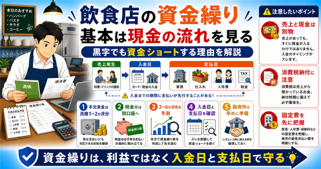 「飲食店・資金繰り・基本」について、飲食店や小さな会社の経営者が課題と判断ポイントを確認できるように整理したアイキャッチ画像。実務で見直すべき点と改善の方向性を分かりやすく表している。