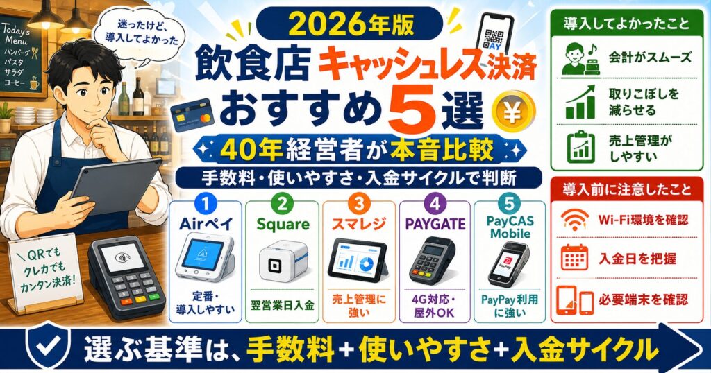 「飲食店・キャッシュレス・おすすめ」について、飲食店や小さな会社の経営者が課題と判断ポイントを確認できるように整理したイメージ画像。実務で見直すべき点と改善の方向性を分かりやすく表している。
