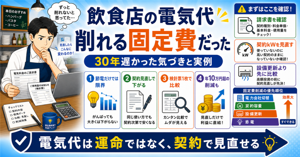 「飲食店・電気代・電気代への気づき」について、飲食店や小さな会社の経営者が課題と判断ポイントを確認できるように整理したアイキャッチ画像。実務で見直すべき点と改善の方向性を分かりやすく表している。