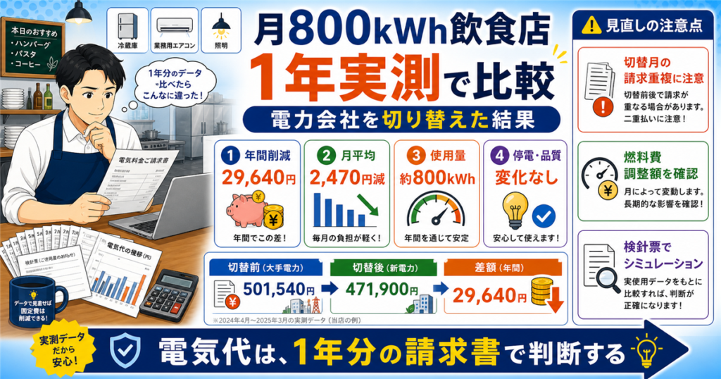 「飲食店・電力会社切替・結果」について、飲食店や小さな会社の経営者が課題と判断ポイントを確認できるように整理したアイキャッチ画像。実務で見直すべき点と改善の方向性を分かりやすく表している。